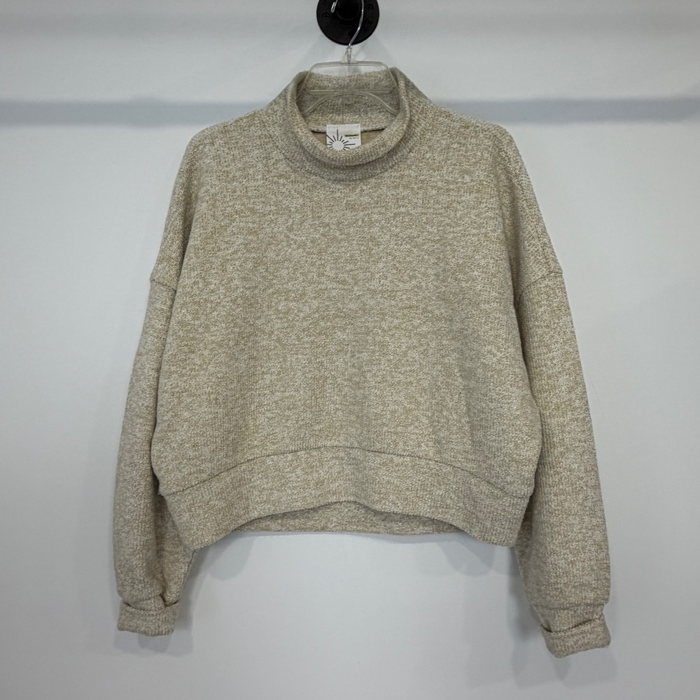 OFFLINE by Aerie Womens Marled Mock Neck Cropped Sweater Beige Thumbholes S
